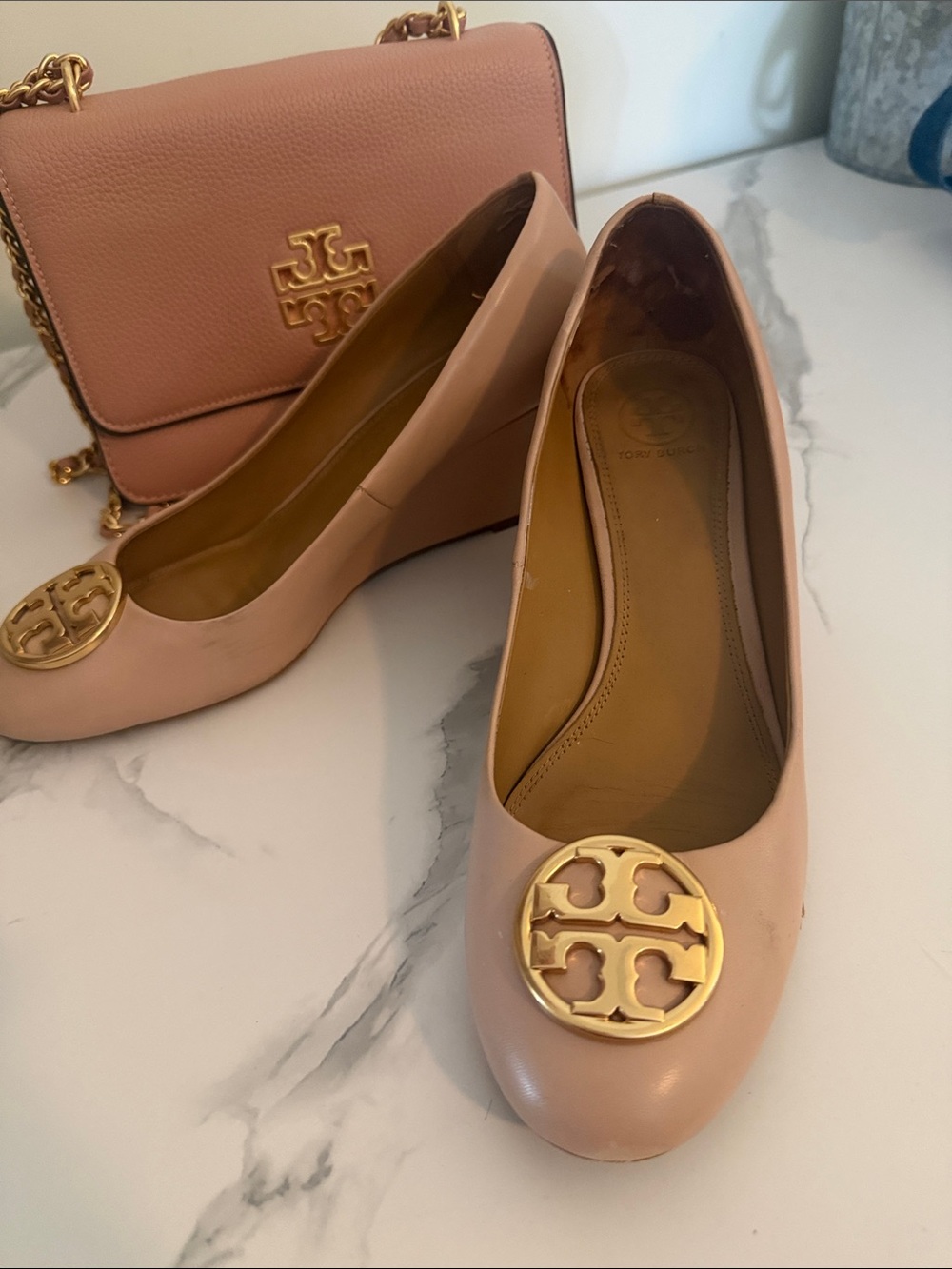 Tory Burch Blush Leather Wedge Ballet Flats with Gold Logo Medallion